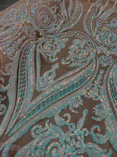 Alaina IRIDESCENT WHITE Curlicue Sequins on NUDE Mesh Lace Fabric by the Yard - 10018