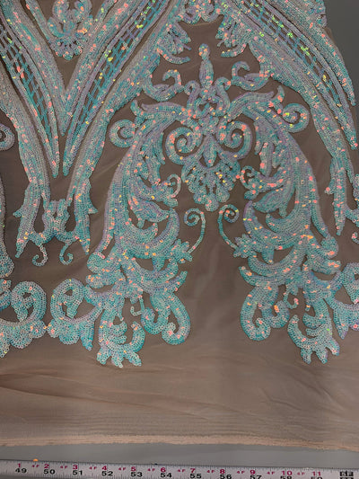 Alaina IRIDESCENT WHITE Curlicue Sequins on NUDE Mesh Lace Fabric by the Yard - 10018