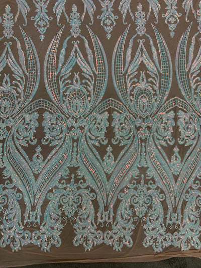 Alaina IRIDESCENT WHITE Curlicue Sequins on NUDE Mesh Lace Fabric by the Yard - 10018