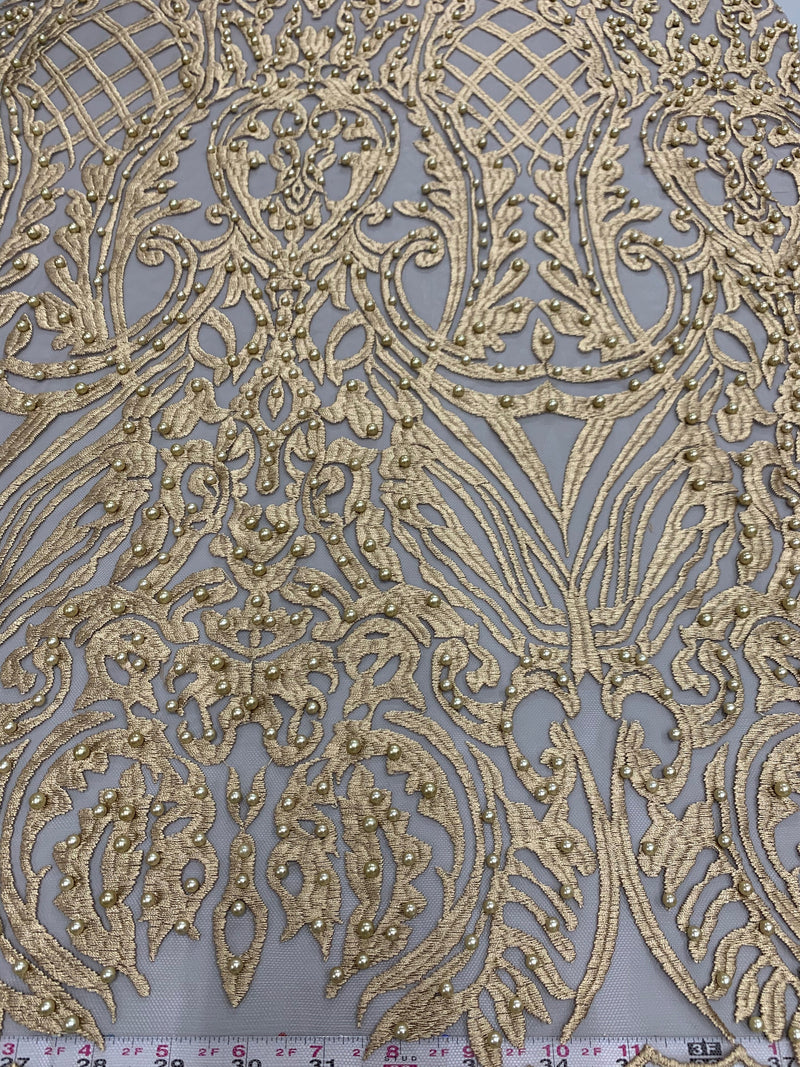 Sabrina DARK CHAMPAGNE Faux Pearls Beaded Lace Embroidery on Mesh Fabric by the Yard - 10098