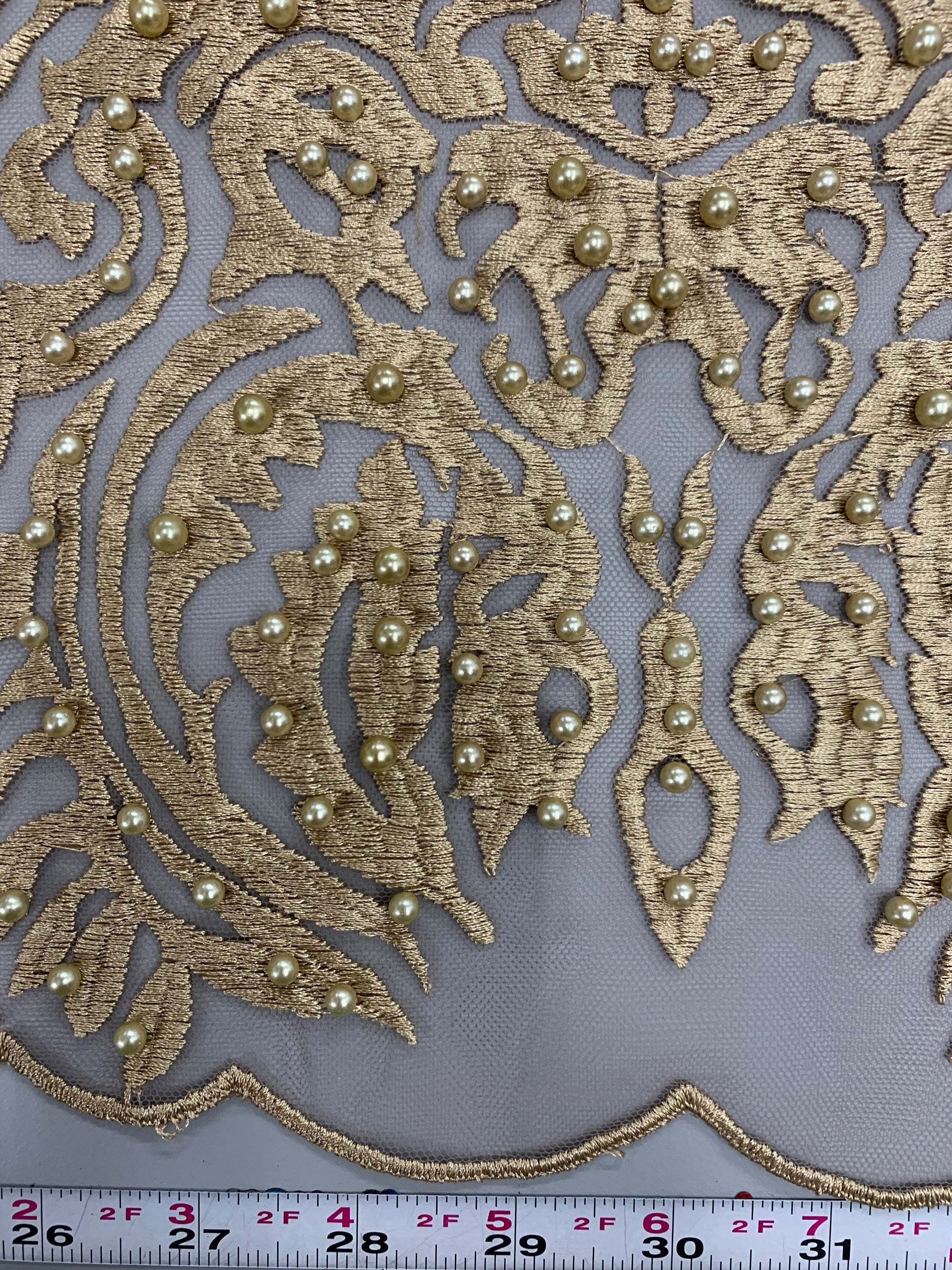 Sabrina DARK CHAMPAGNE Faux Pearls Beaded Lace Embroidery on Mesh Fabric by the Yard - 10098