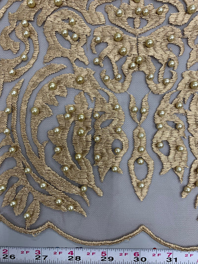 Sabrina DARK CHAMPAGNE Faux Pearls Beaded Lace Embroidery on Mesh Fabric by the Yard - 10098