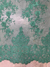 Teagan HUNTER GREEN Damask Design Embroidered on Mesh Lace Fabric by the Yard - 10027