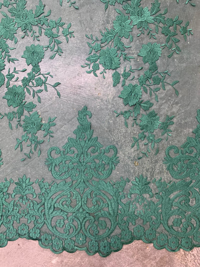 Teagan HUNTER GREEN Damask Design Embroidered on Mesh Lace Fabric by the Yard - 10027