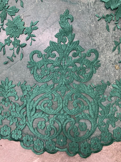 Teagan HUNTER GREEN Damask Design Embroidered on Mesh Lace Fabric by the Yard - 10027