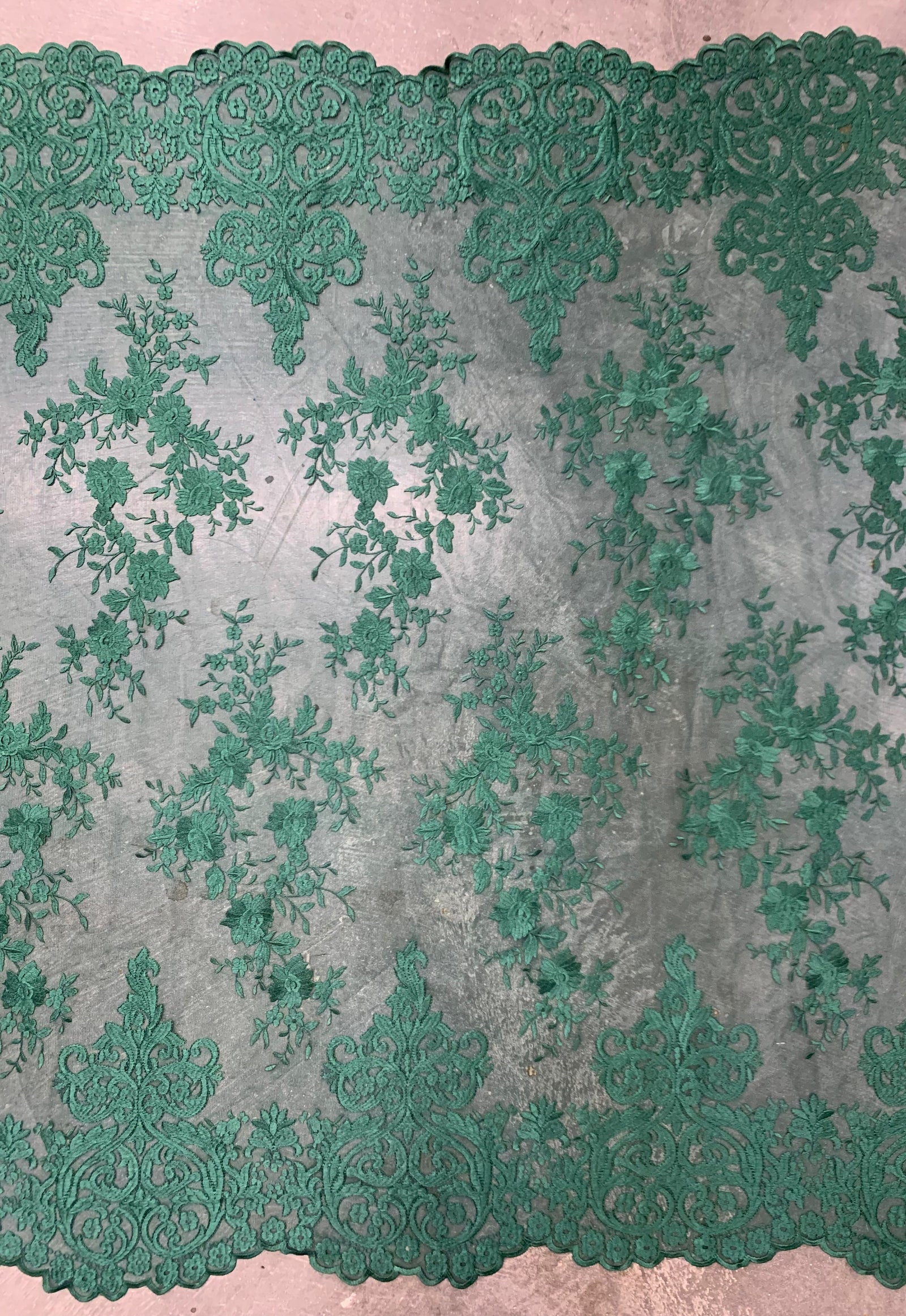 Teagan HUNTER GREEN Damask Design Embroidered on Mesh Lace Fabric by the Yard - 10027
