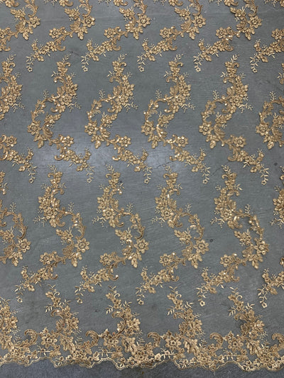 Cristina GOLD Polyester Floral Embroidery with Sequins on Mesh Lace Fabric by the Yard for Gown, Wedding, Bridesmaid, Prom - 10076