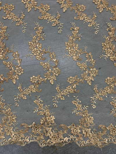 Cristina GOLD Polyester Floral Embroidery with Sequins on Mesh Lace Fabric by the Yard for Gown, Wedding, Bridesmaid, Prom - 10076