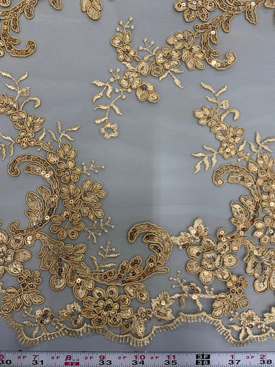 Cristina GOLD Polyester Floral Embroidery with Sequins on Mesh Lace Fabric by the Yard for Gown, Wedding, Bridesmaid, Prom - 10076
