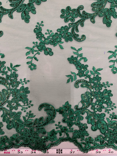 Cristina HUNTER GREEN Polyester Floral Embroidery with Sequins on Mesh Lace Fabric by the Yard for Gown, Wedding, Bridesmaid, Prom - 10076
