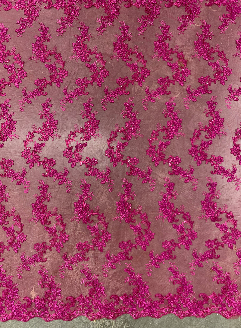 Cristina HOT PINK Polyester Floral Embroidery with Sequins on Mesh Lace Fabric by the Yard for Gown, Wedding, Bridesmaid, Prom - 10076