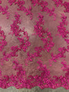 Cristina HOT PINK Polyester Floral Embroidery with Sequins on Mesh Lace Fabric by the Yard for Gown, Wedding, Bridesmaid, Prom - 10076