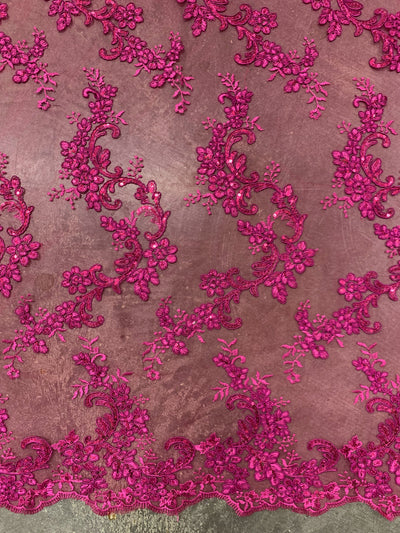 Cristina HOT PINK Polyester Floral Embroidery with Sequins on Mesh Lace Fabric by the Yard for Gown, Wedding, Bridesmaid, Prom - 10076