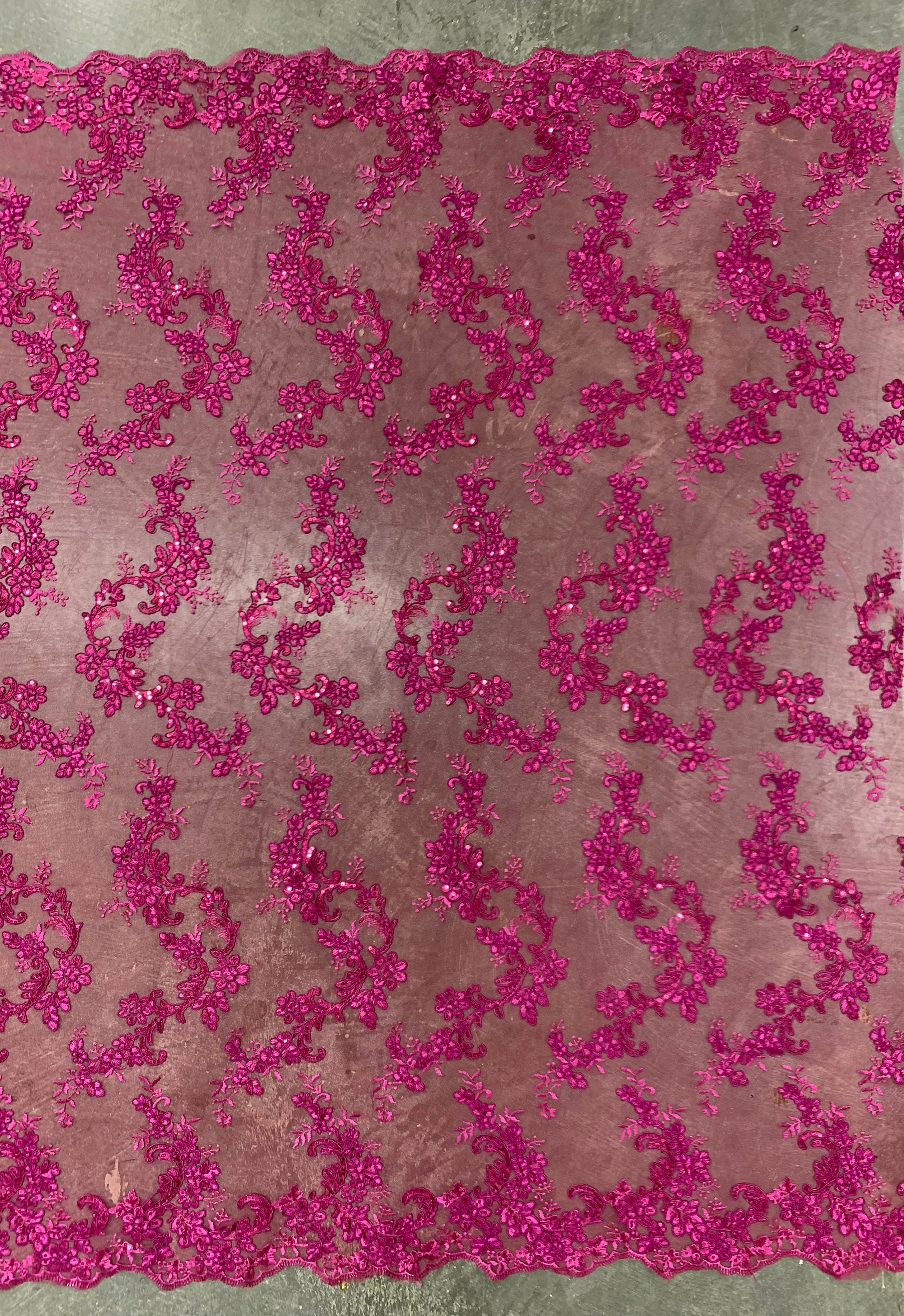 Cristina HOT PINK Polyester Floral Embroidery with Sequins on Mesh Lace Fabric by the Yard for Gown, Wedding, Bridesmaid, Prom - 10076