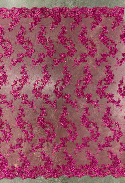Cristina HOT PINK Polyester Floral Embroidery with Sequins on Mesh Lace Fabric by the Yard for Gown, Wedding, Bridesmaid, Prom - 10076