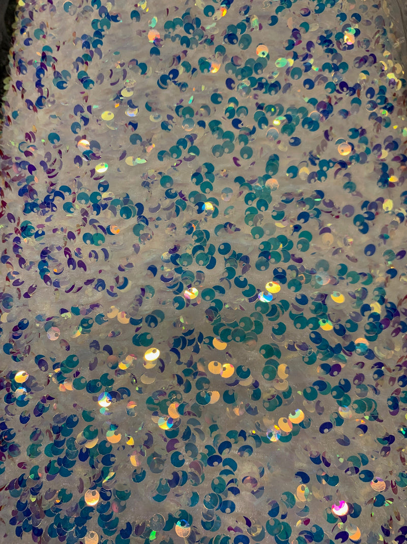 Stephanie SILVER IRIDESCENT Overlap Sequins on IVORY Stretch Velvet Fabric by the Yard for Gowns, Apparel, Costumes, Crafts - 10185