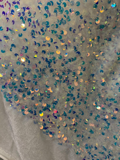 Stephanie SILVER IRIDESCENT Overlap Sequins on IVORY Stretch Velvet Fabric by the Yard for Gowns, Apparel, Costumes, Crafts - 10185