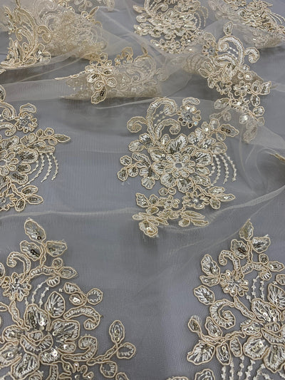 Brianna CREAM Polyester Floral Embroidery with Sequins on Mesh Lace Fabric by the Yard - 10020