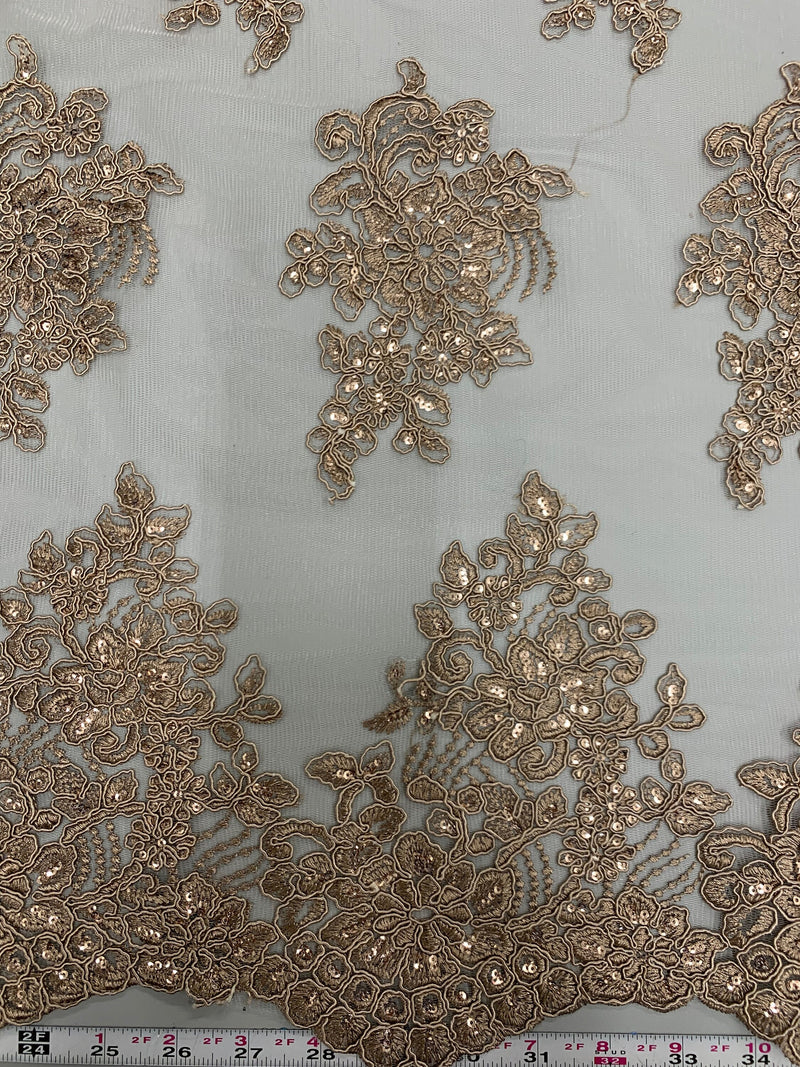 Brianna TAUPE Polyester Floral Embroidery with Sequins on Mesh Lace Fabric by the Yard - 10020