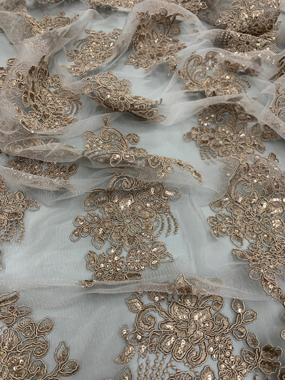 Brianna TAUPE Polyester Floral Embroidery with Sequins on Mesh Lace Fabric by the Yard - 10020