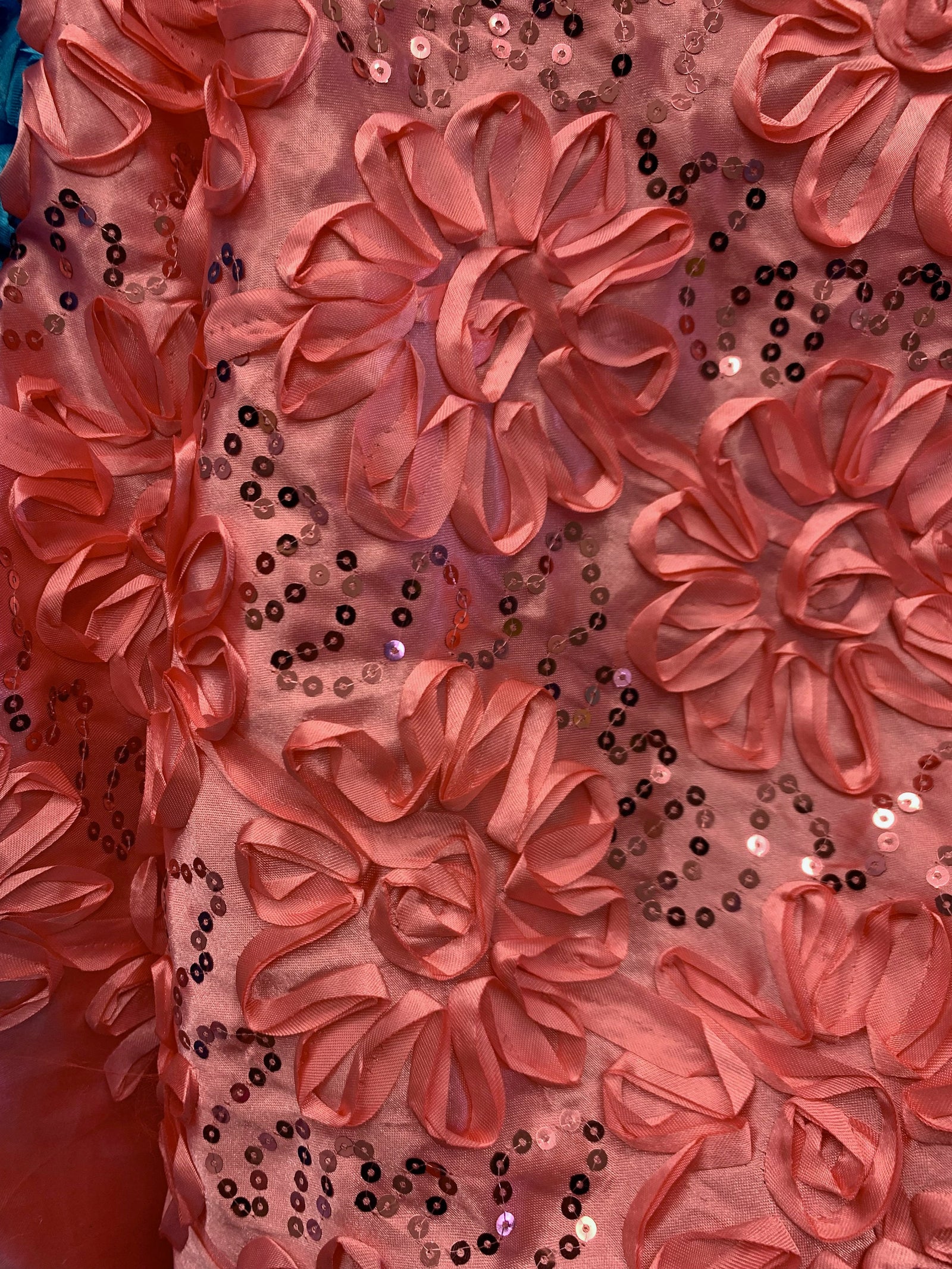 Allie CORAL 3D Floral Polyester Satin Rosette with Sequins Fabric by the Yard - 10051