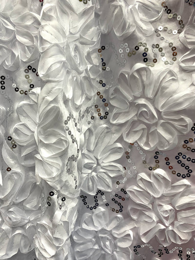 Allie WHITE 3D Floral Polyester Satin Rosette with Sequins Fabric by the Yard - 10051