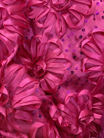 Allie HOT PINK 3D Floral Polyester Satin Rosette with Sequins Fabric by the Yard - 10051