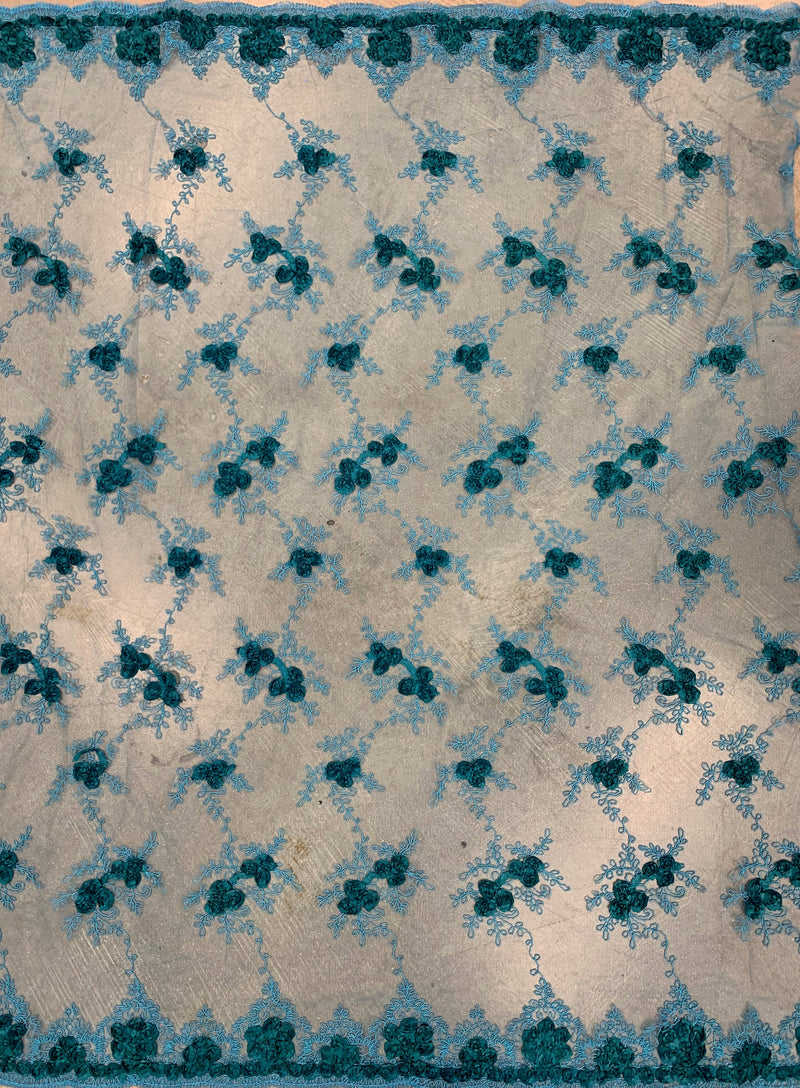 Andrea DARK TEAL 3-D Floral Matte Corded Embroidery on Mesh Lace Fabric by the Yard - 10016