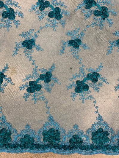Andrea DARK TEAL 3-D Floral Matte Corded Embroidery on Mesh Lace Fabric by the Yard - 10016