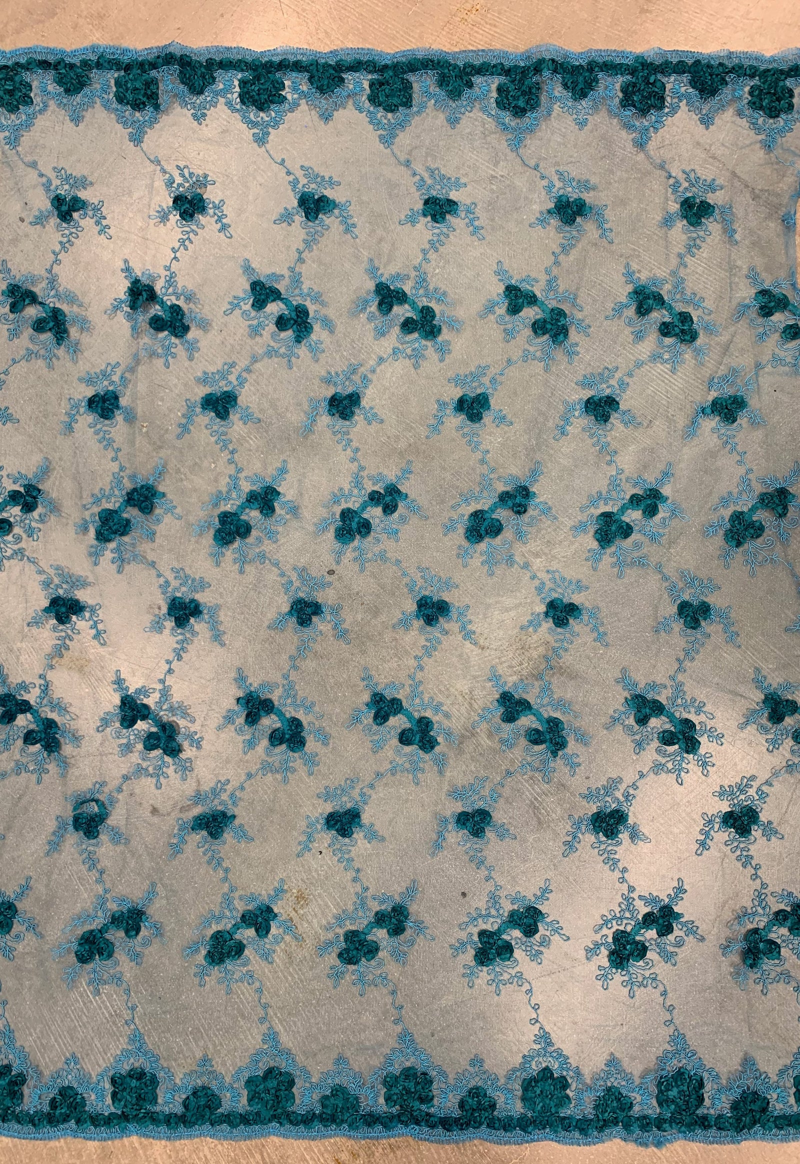 Andrea DARK TEAL 3-D Floral Matte Corded Embroidery on Mesh Lace Fabric by the Yard - 10016