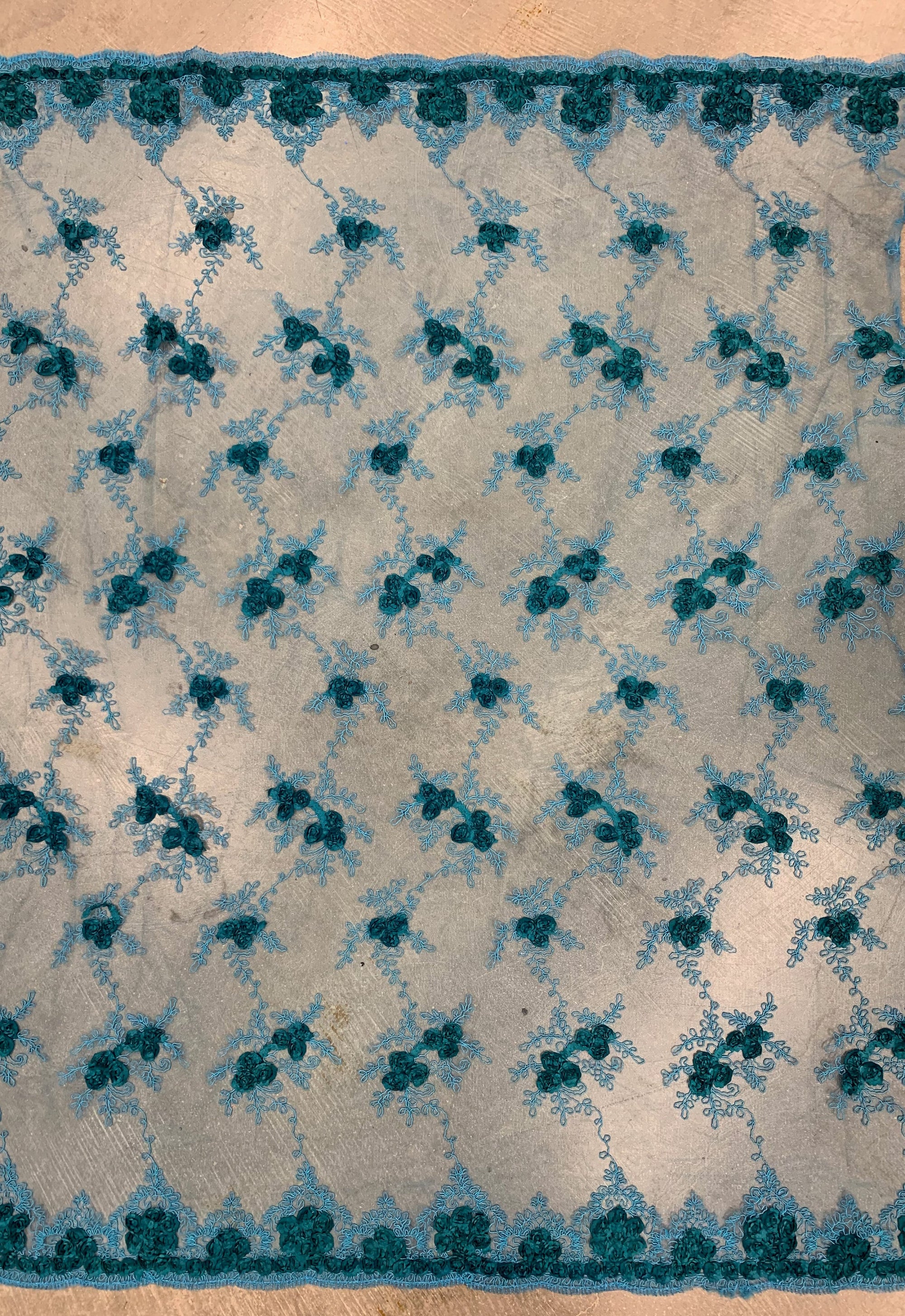 Andrea DARK TEAL 3-D Floral Matte Corded Embroidery on Mesh Lace Fabric by the Yard - 10016