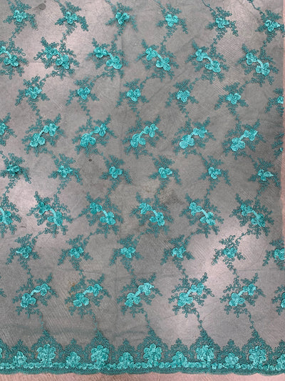 Andrea TEAL 3-D Floral Matte Corded Embroidery on Mesh Lace Fabric by the Yard - 10016