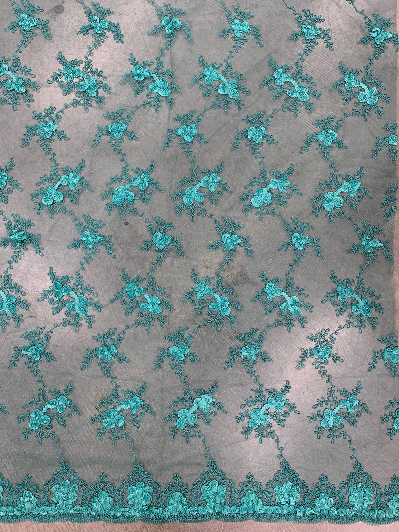 Andrea TEAL 3-D Floral Matte Corded Embroidery on Mesh Lace Fabric by the Yard - 10016