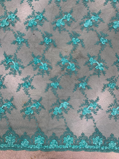 Andrea TEAL 3-D Floral Matte Corded Embroidery on Mesh Lace Fabric by the Yard - 10016