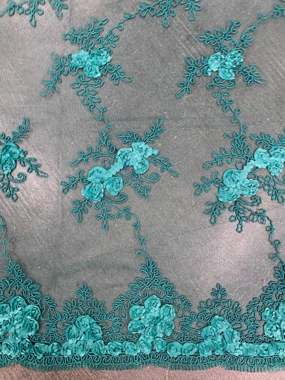 Andrea TEAL 3-D Floral Matte Corded Embroidery on Mesh Lace Fabric by the Yard - 10016