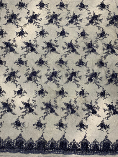 Andrea NAVY BLUE 3-D Floral Matte Corded Embroidery on Mesh Lace Fabric by the Yard - 10016