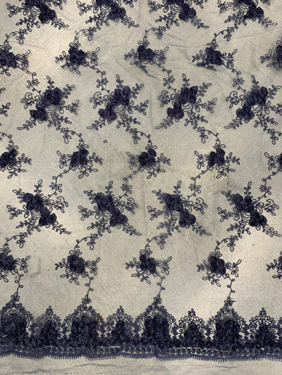 Andrea NAVY BLUE 3-D Floral Matte Corded Embroidery on Mesh Lace Fabric by the Yard - 10016