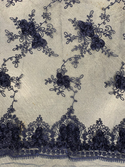 Andrea NAVY BLUE 3-D Floral Matte Corded Embroidery on Mesh Lace Fabric by the Yard - 10016