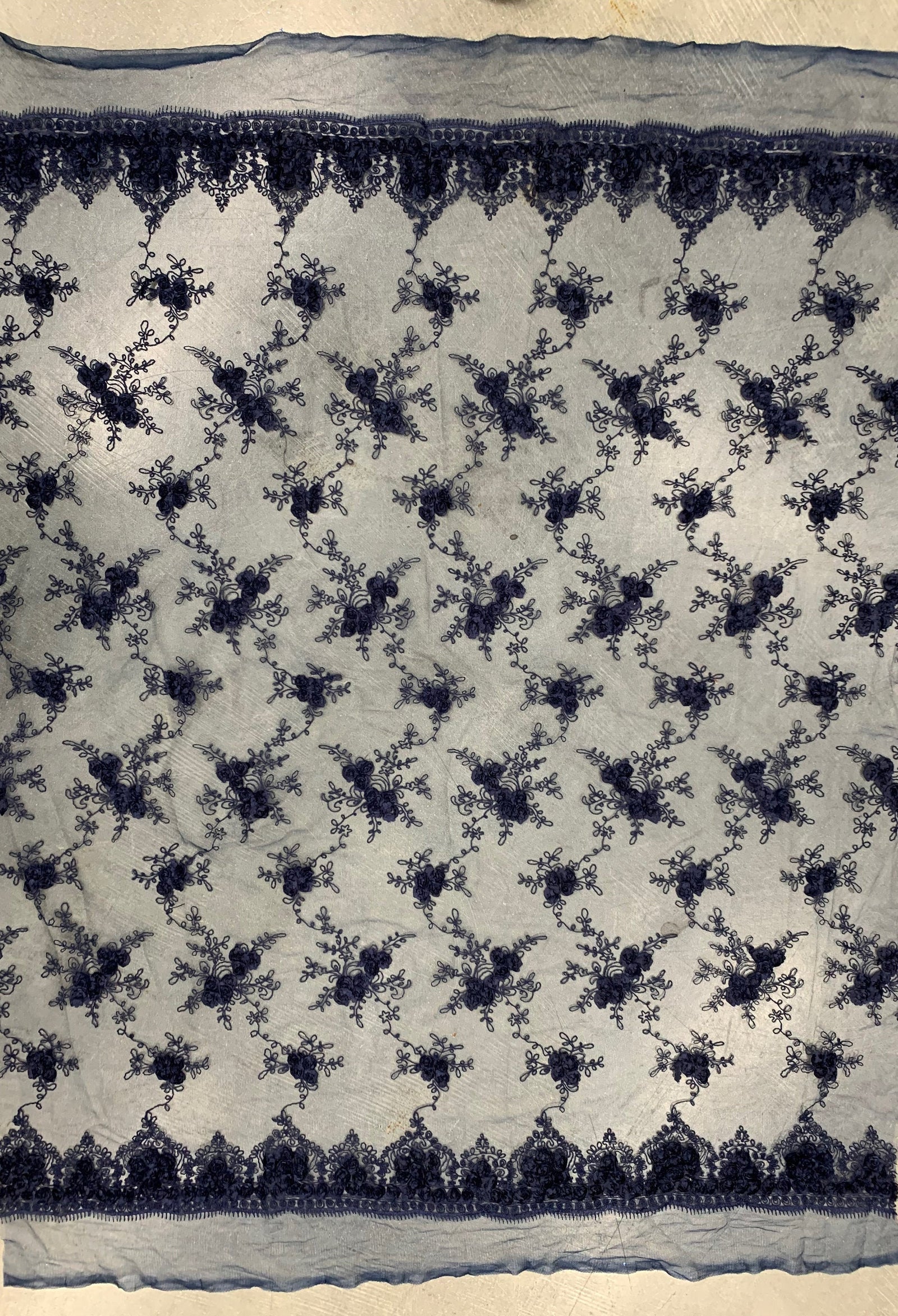 Andrea NAVY BLUE 3-D Floral Matte Corded Embroidery on Mesh Lace Fabric by the Yard - 10016