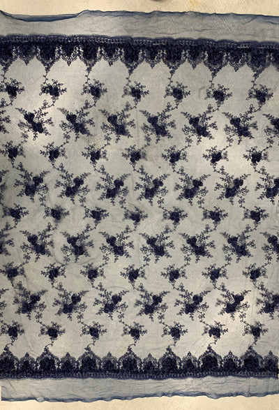 Andrea NAVY BLUE 3-D Floral Matte Corded Embroidery on Mesh Lace Fabric by the Yard - 10016