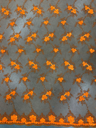 Andrea BRIGHT ORANGE 3-D Floral Matte Corded Embroidery on Mesh Lace Fabric by the Yard - 10016