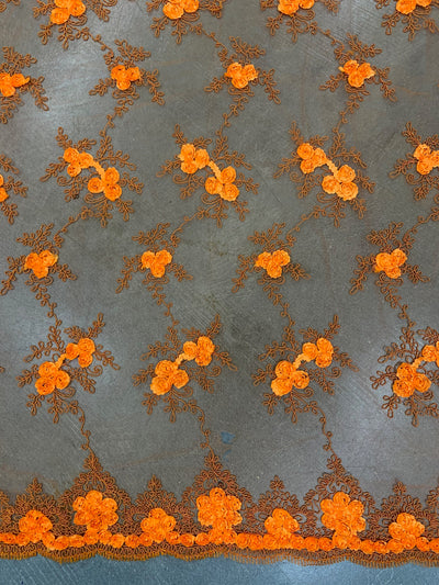 Andrea BRIGHT ORANGE 3-D Floral Matte Corded Embroidery on Mesh Lace Fabric by the Yard - 10016