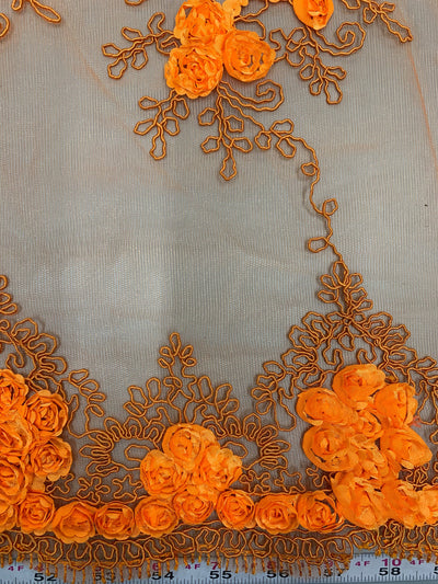 Andrea BRIGHT ORANGE 3-D Floral Matte Corded Embroidery on Mesh Lace Fabric by the Yard - 10016