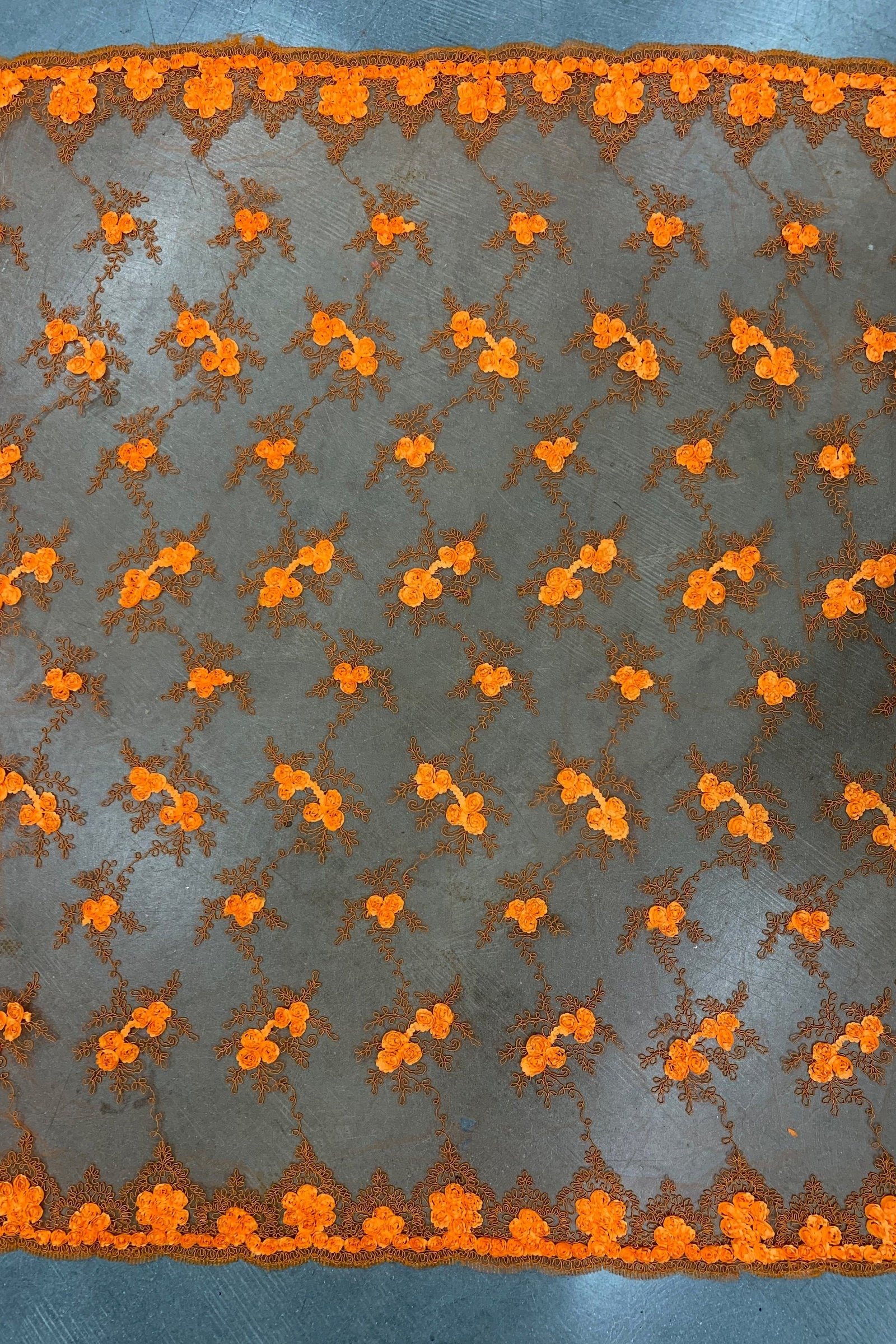 Andrea BRIGHT ORANGE 3-D Floral Matte Corded Embroidery on Mesh Lace Fabric by the Yard - 10016