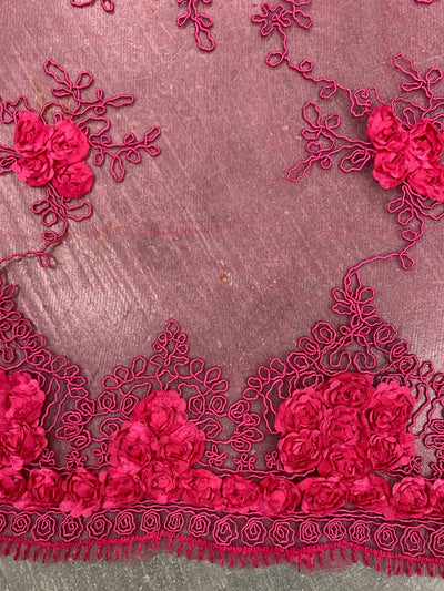 Andrea HOT PINK 3-D Floral Matte Corded Embroidery on Mesh Lace Fabric by the Yard - 10016