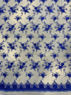 Andrea ROYAL BLUE 3-D Floral Matte Corded Embroidery on Mesh Lace Fabric by the Yard - 10016