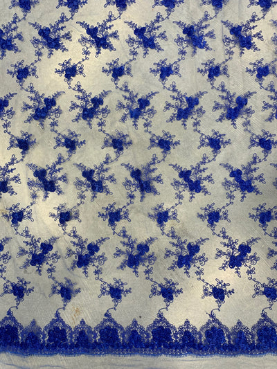 Andrea ROYAL BLUE 3-D Floral Matte Corded Embroidery on Mesh Lace Fabric by the Yard - 10016