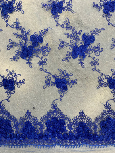 Andrea ROYAL BLUE 3-D Floral Matte Corded Embroidery on Mesh Lace Fabric by the Yard - 10016