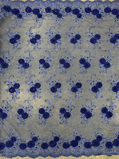 Ryleigh ROYAL BLUE 3D Floral Embroidery with Foil & Sequins on Mesh Lace Fabric by the Yard - 10010