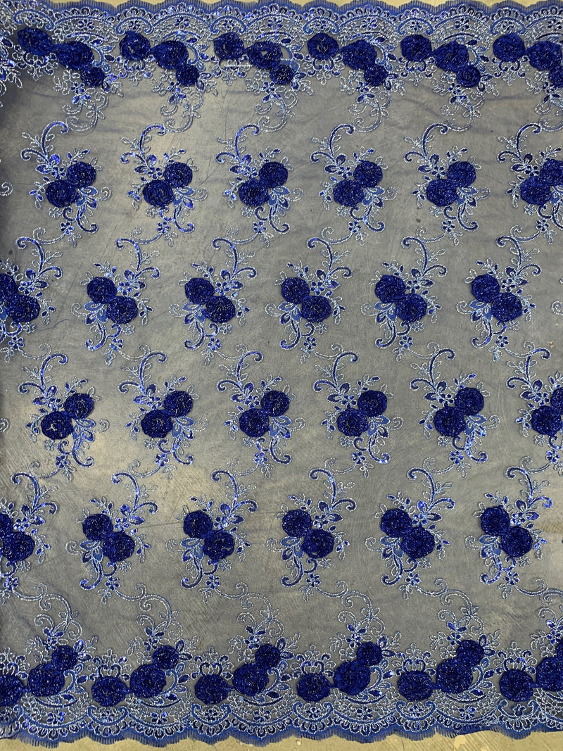 Ryleigh ROYAL BLUE 3D Floral Embroidery with Foil & Sequins on Mesh Lace Fabric by the Yard - 10010